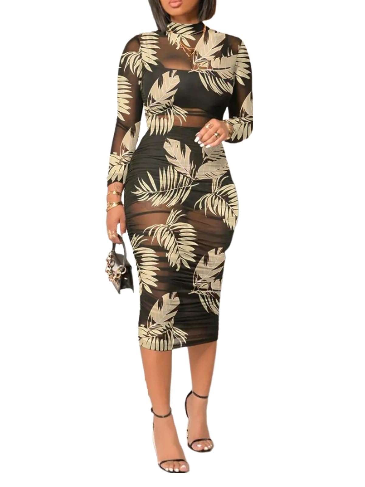 Women Sexy See Through Sheer Mesh Bodycon Midi Dress Long Sleeve Skirt 3 Piece Outfits Set Floral Print Cover Up