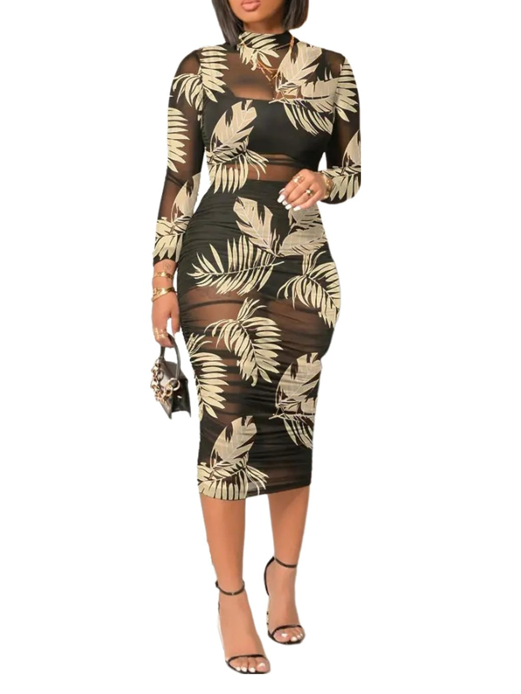Women Sexy See Through Sheer Mesh Bodycon Midi Dress Long Sleeve Skirt 3 Piece Outfits Set Floral Print Cover Up