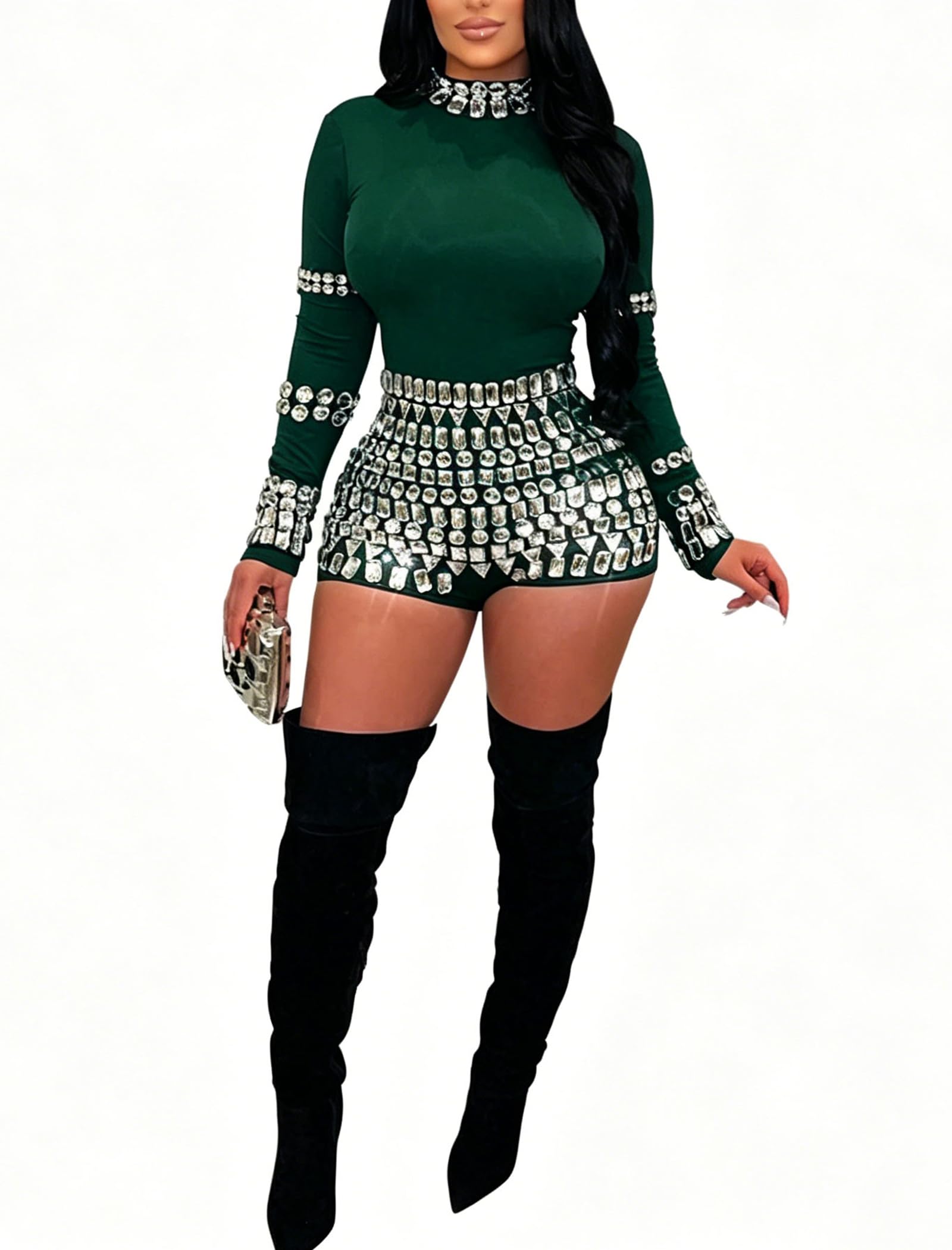 chicyes Women's Jumpsuits Sexy Long Sleeve Date Night Rompers Rhinestone Sparkly Party Club Spring Outfits Fall Concert