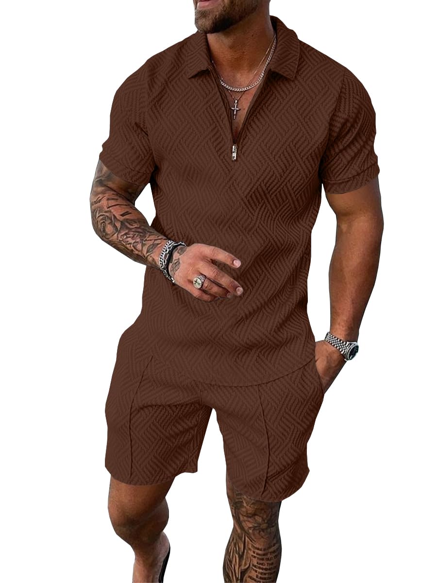 Mens Summer Track Suits 2 Piece Shorts Sets Short Sleeve Sweatsuit Outfits 1/4 Zip Golf Polo Shirts Loungewear