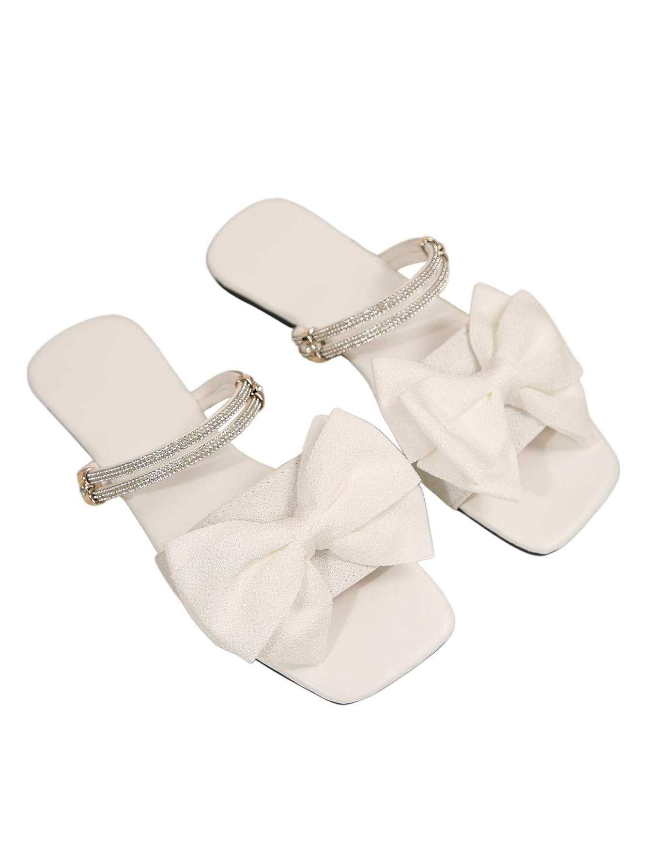 GORGLITTER Women's Bow Flat Sandals Dressy Rhinestone Comfortable Sandals | Cute Slip On Slides, Strappy Flats, Square Toe, Sparkly Dressy Party Wedding Sandals for Bride