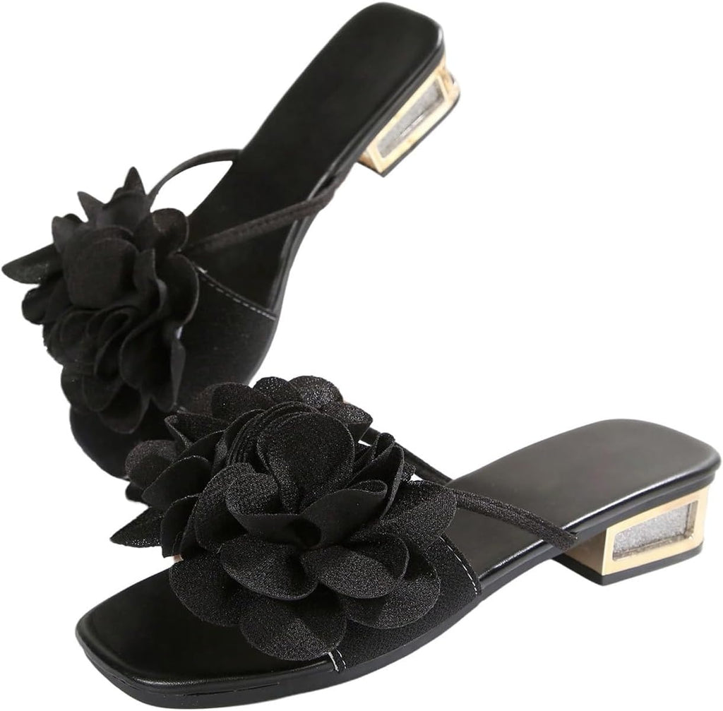 OYOANGLE Women's 3D Floral Slide Sandals Square Toe Low Block Heel Open Toe Summer Beach Dressy Sandals