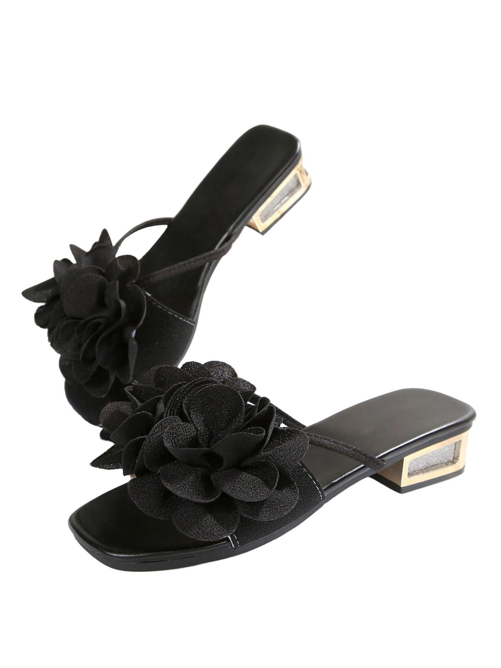 OYOANGLE Women's 3D Floral Slide Sandals Square Toe Low Block Heel Open Toe Summer Beach Dressy Sandals