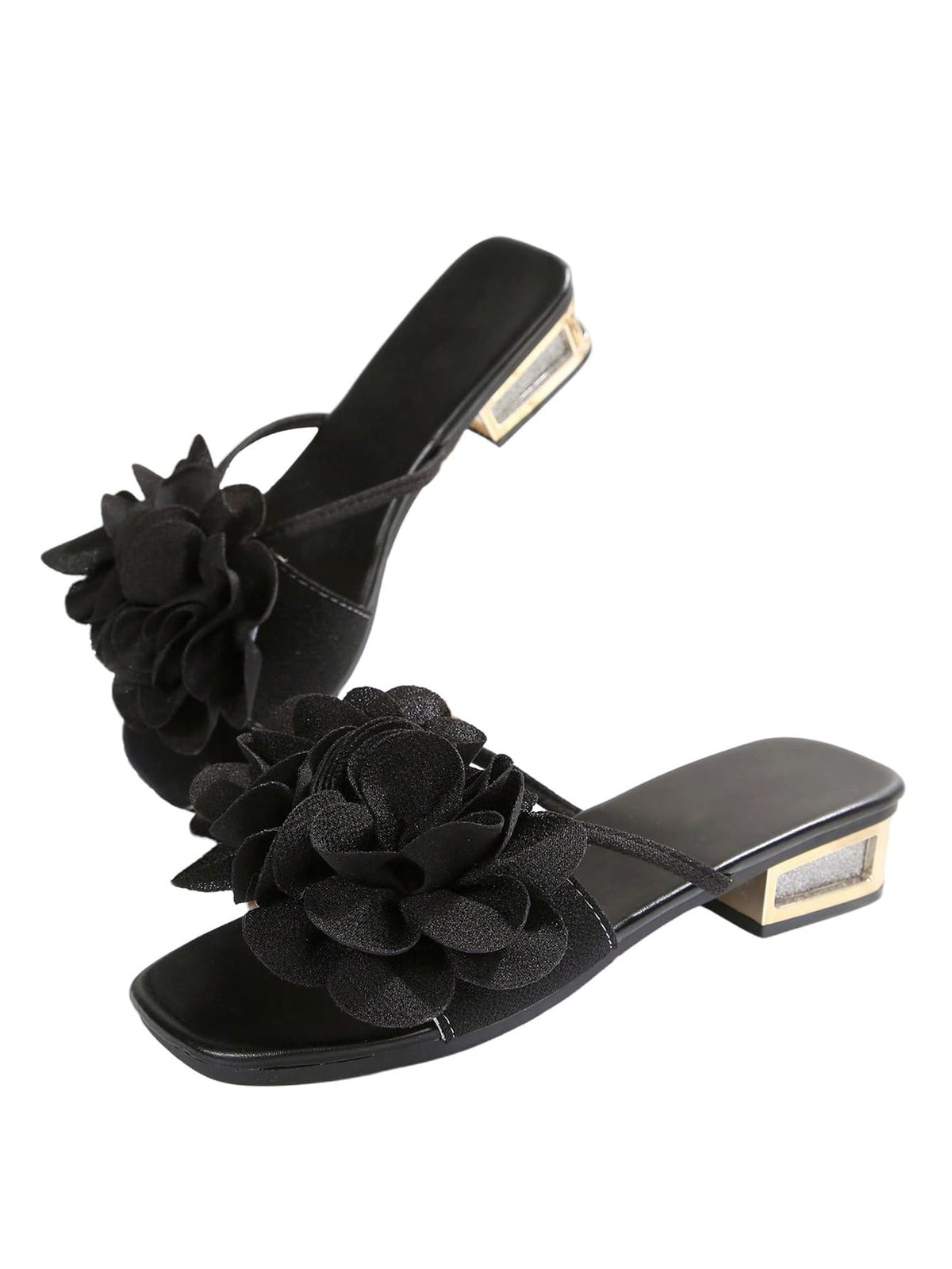 OYOANGLE Women's 3D Floral Slide Sandals Square Toe Low Block Heel Open Toe Summer Beach Dressy Sandals