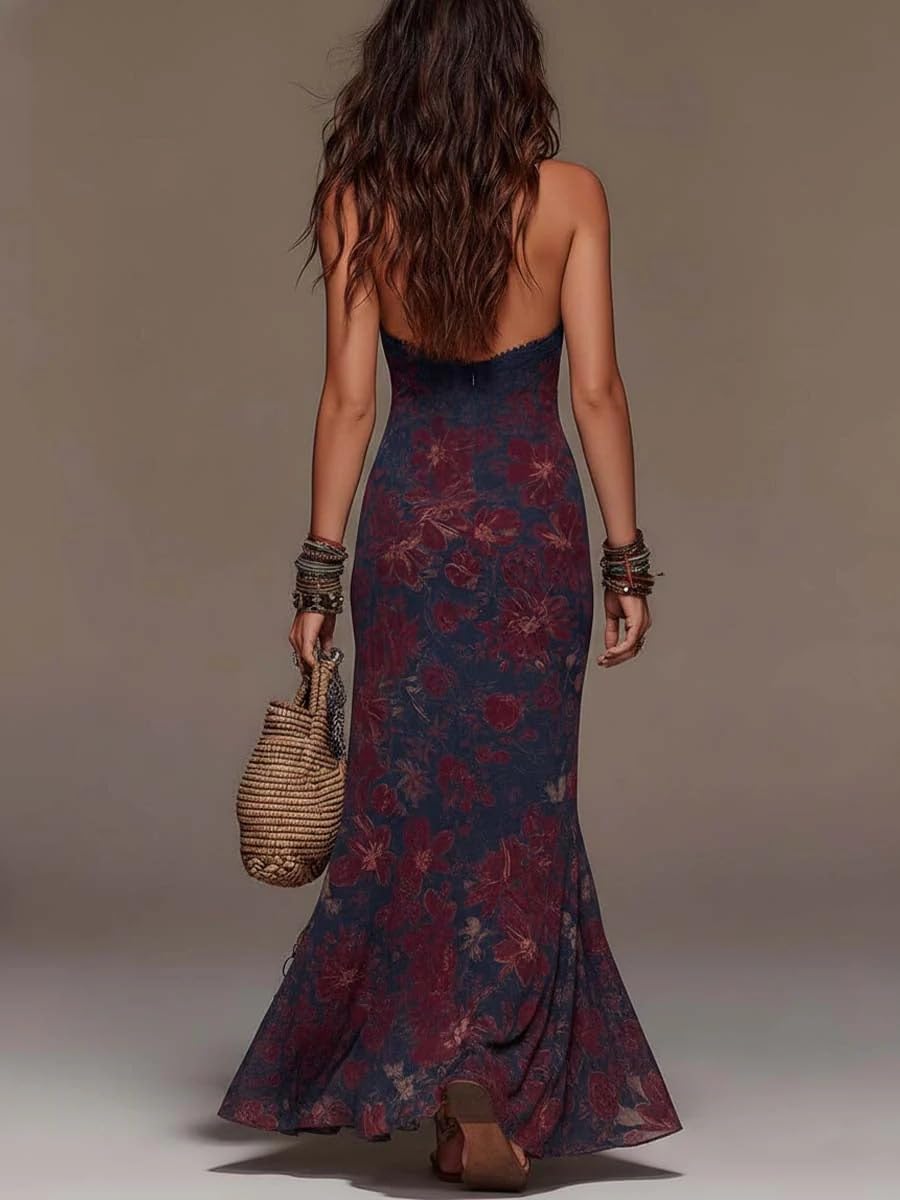 Women's Halter Maxi Dress Floral Backless Mermaid Long Dress for Summer Beach Vacation Western Party