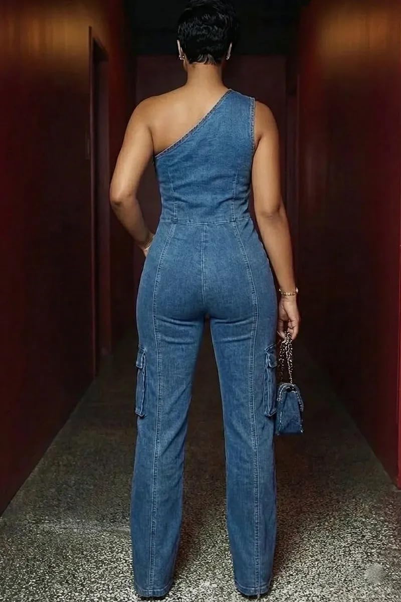 One Piece Jumpsuits for Women Denim One Shoulder Zip Up Tops and Straight Leg Pants Sexy Going Out Outfits