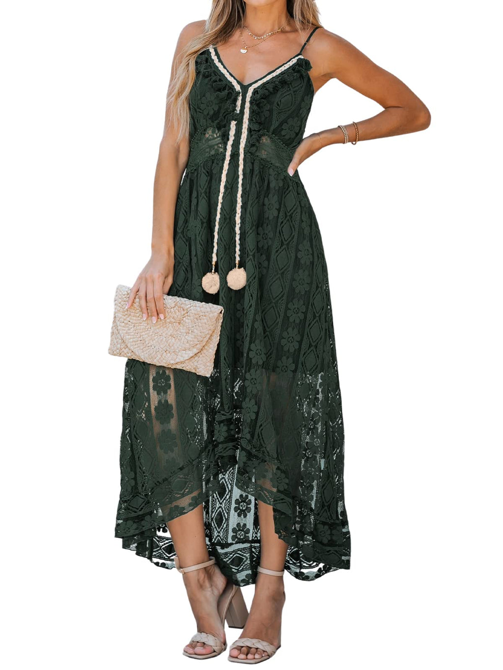 CUPSHE Womens Lace Summer Maxi Dresses 2026 Beach Wear | V Neck Spaghetti Straps Sundress, Tassel, Boho Pom Poms, Flowy Vacation Outfits, Resort Wear, Graduation Wedding Guest Looks