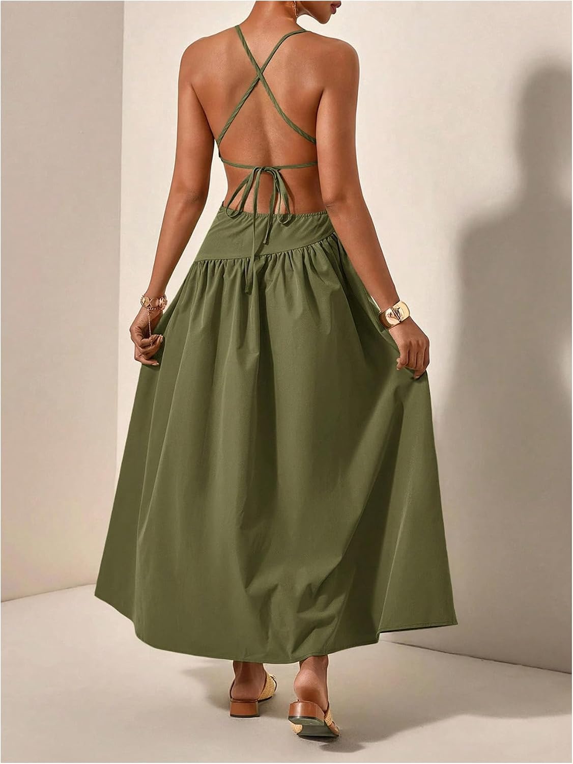 Milumia Women's Cut Out Asymmetrical Maxi Dress Open Back Summer Dresses | Spaghetti Strap, Tie Backless, Ruffle, Summer Vacation, Going Out, Sundress