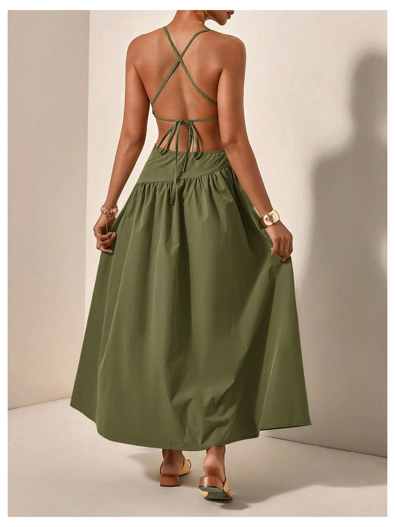 Milumia Women's Cut Out Asymmetrical Maxi Dress Open Back Summer Dresses | Spaghetti Strap, Tie Backless, Ruffle, Summer Vacation, Going Out, Sundress