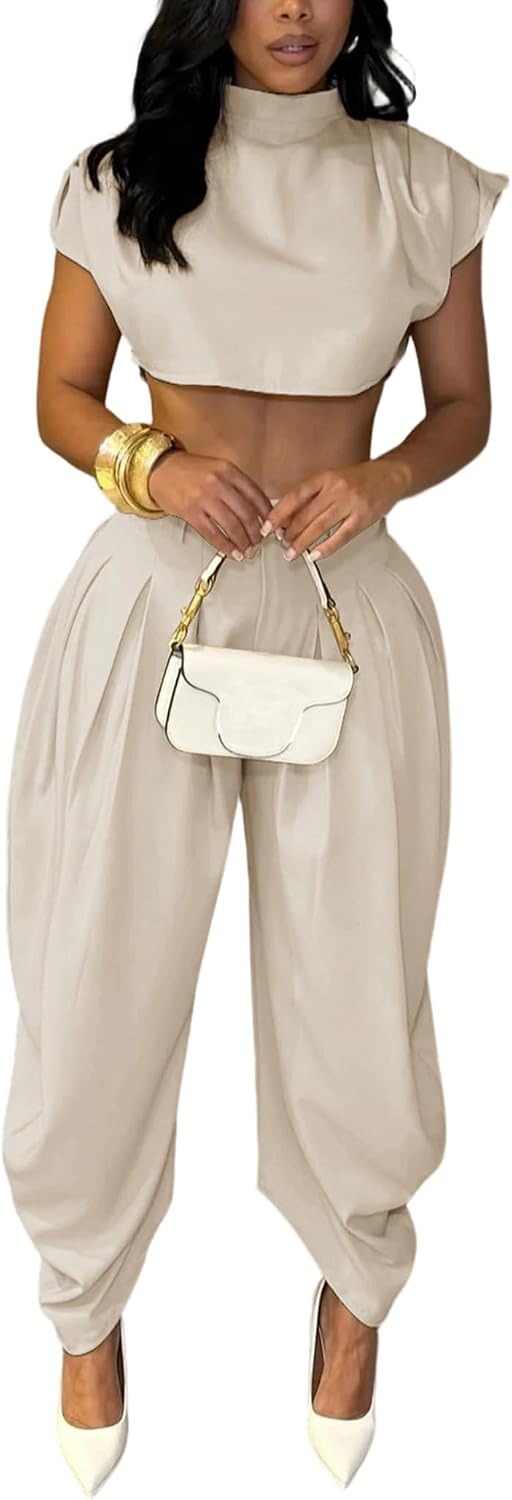 Ekaliy Womens Casual 2 Piece Outfits Cap Sleeve Crop Top Palazzo Pants Set | Mock Neck,Short Sleeve,Zipper-Back Crop Top,High-Waisted Pleated Pants,Wide Leg Dress Pants,2 Piece Sets For Women Dressy