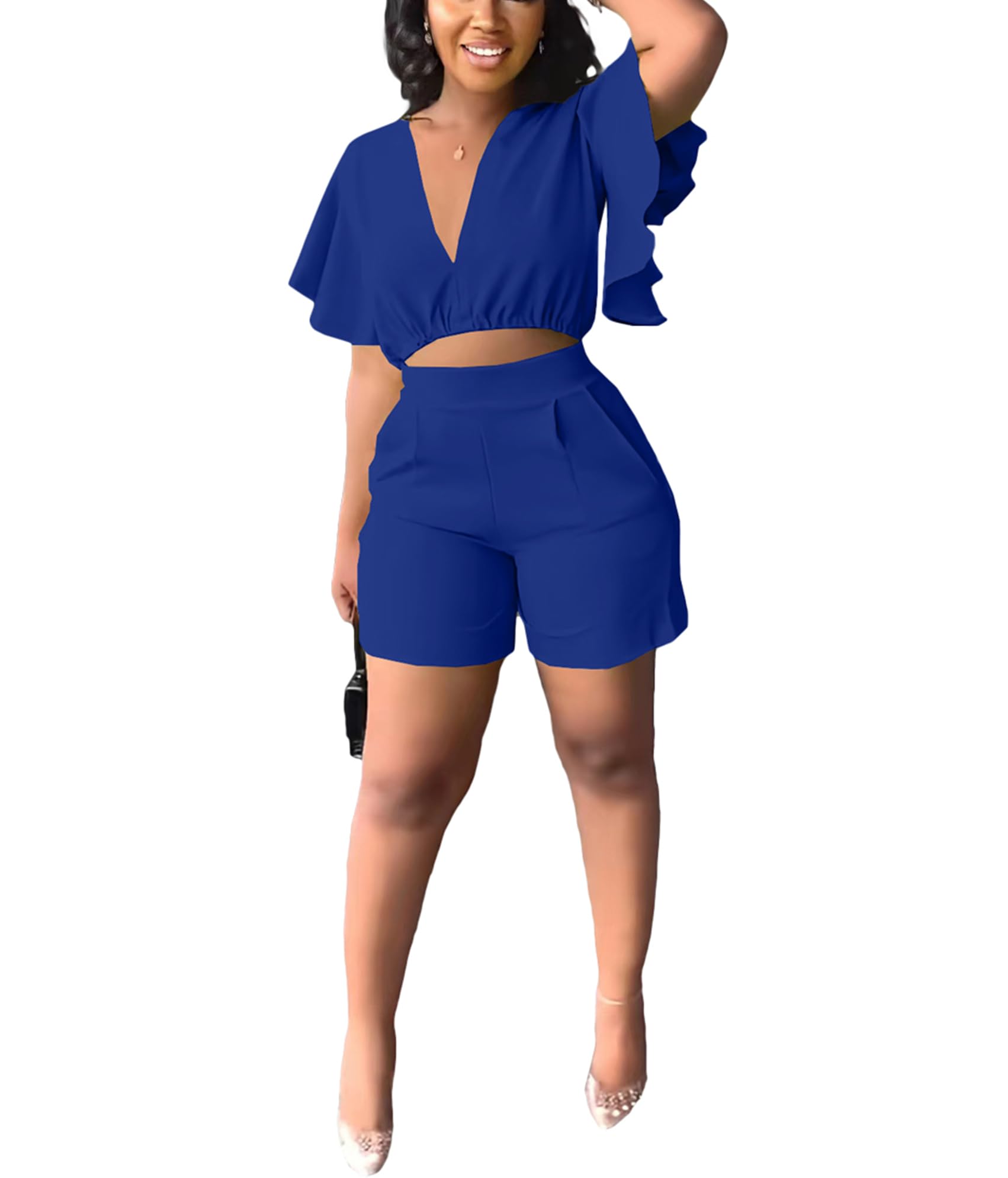 Womens Summer Two Piece Shorts Outfit Sexy Crop Top Butterfly Sleeve 2 pc Short Set Vacation Brunch Matching Set