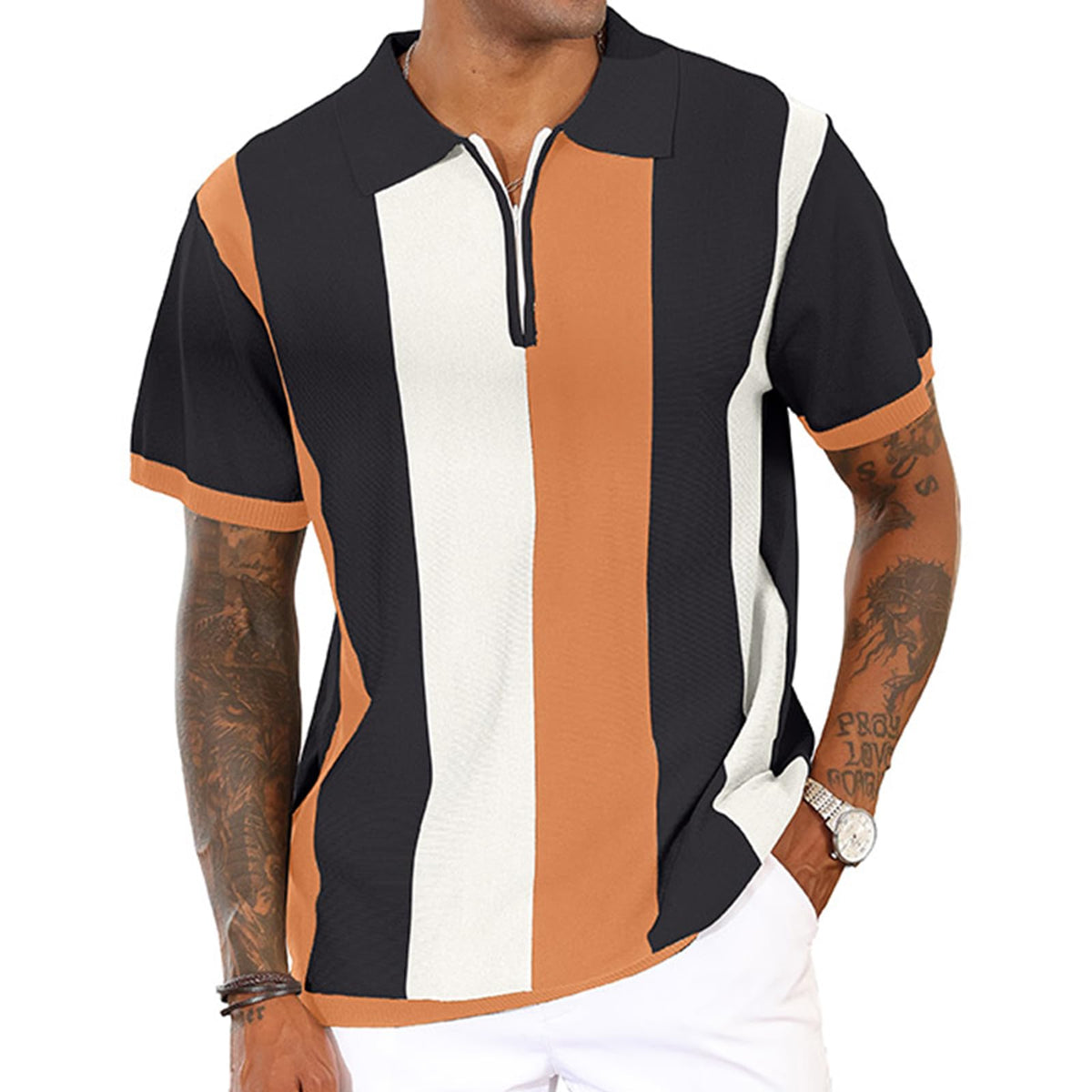 CTU Mens Casual Polo Shirts Vintage Striped Knit Golf Shirts Slim Fit Tops | Fashion,Pullover Dress Shirts,Collared with Zipper,Short Sleeve,Color Blocking,Suit for Daily Casual,Business,Work,Golf