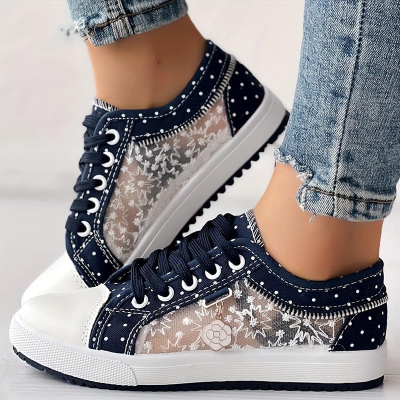 Women's Mesh Sneakers Casual Shoes with Rhinestone Accents, Lace-Up Low Tops for Casual Shoes