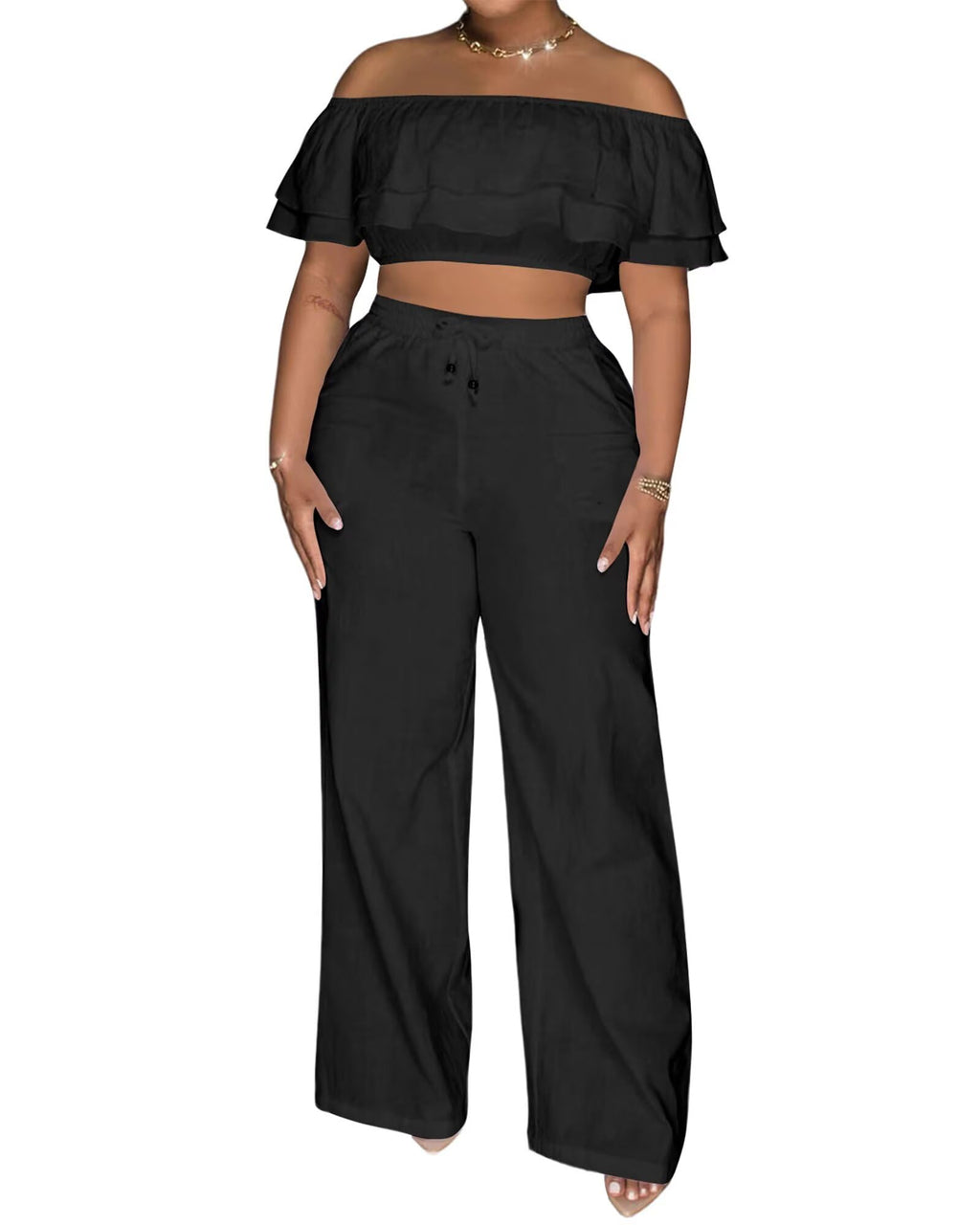 Adogirl 2 Piece Outfits for Women Ruffle Trim Crop Top Wide Leg Pants Set | 2 Piece Sets, Outfit for Women, Off Shoulder, Short Sleeve, Wide Leg Pants with Pockets, Sexy Outfits, Vacation Outfits