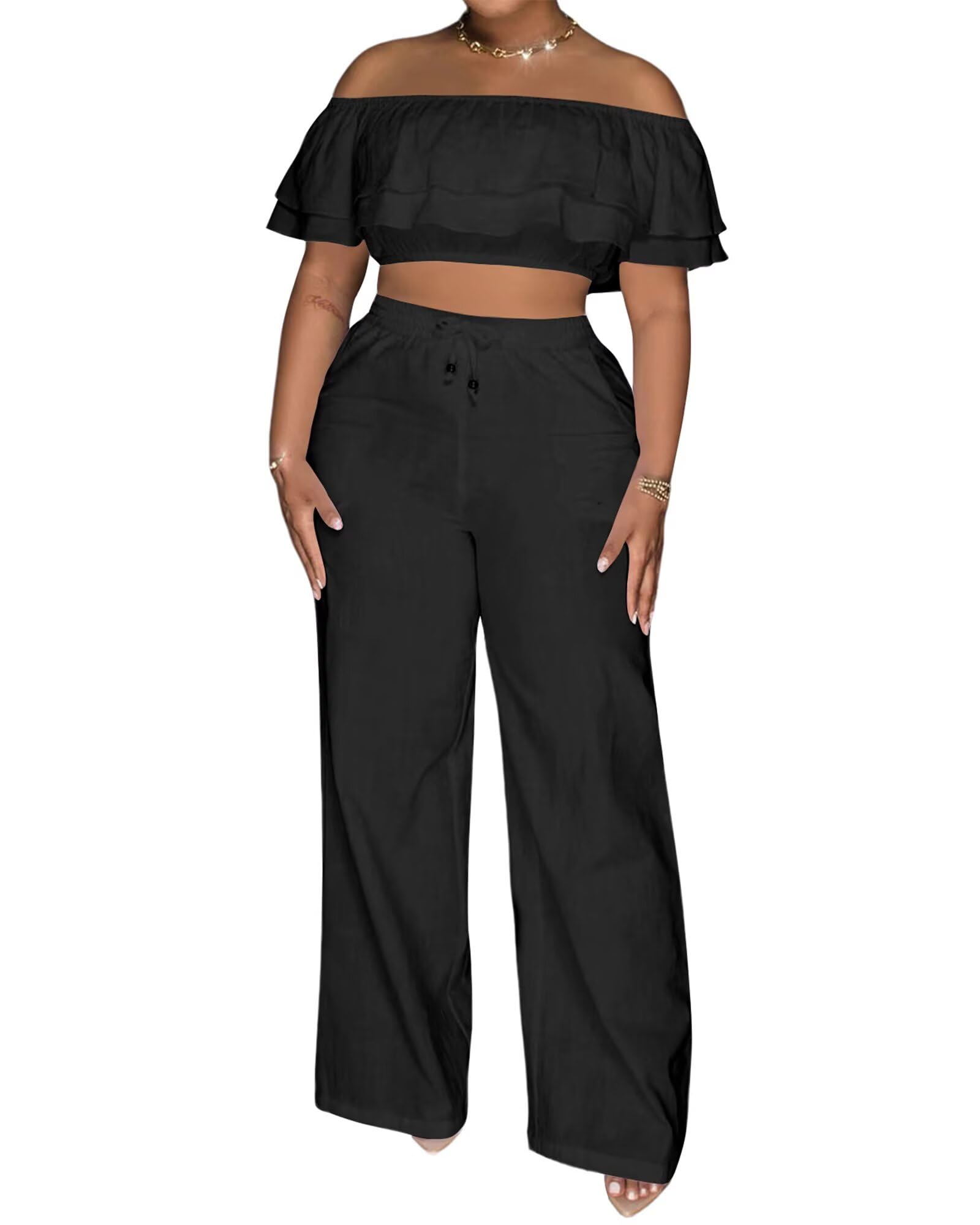 Adogirl 2 Piece Outfits for Women Ruffle Trim Crop Top Wide Leg Pants Set | 2 Piece Sets, Outfit for Women, Off Shoulder, Short Sleeve, Wide Leg Pants with Pockets, Sexy Outfits, Vacation Outfits