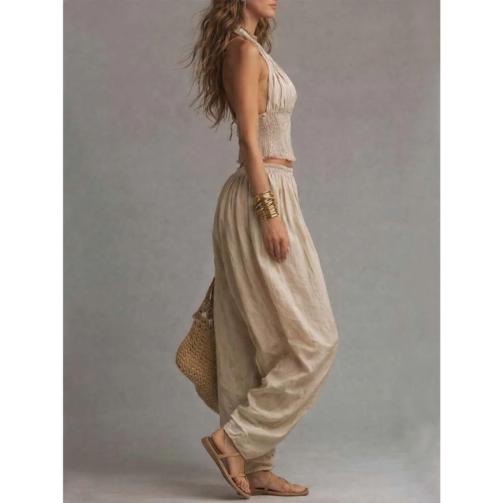 2 Piece Outfit for Women Sleeveless Crop Top and Wide Leg Pants Set Summer Loose Smocked Casual Beach Matching Sets