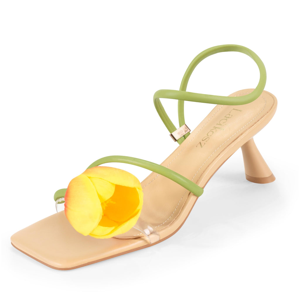 LACIKOSZ Flower Kitten Heel Sandals for Women Calla Lily Green Heels Square Open Toe Floral Strappy Low Heel Sandals Summer Dressy Wedding Shoes