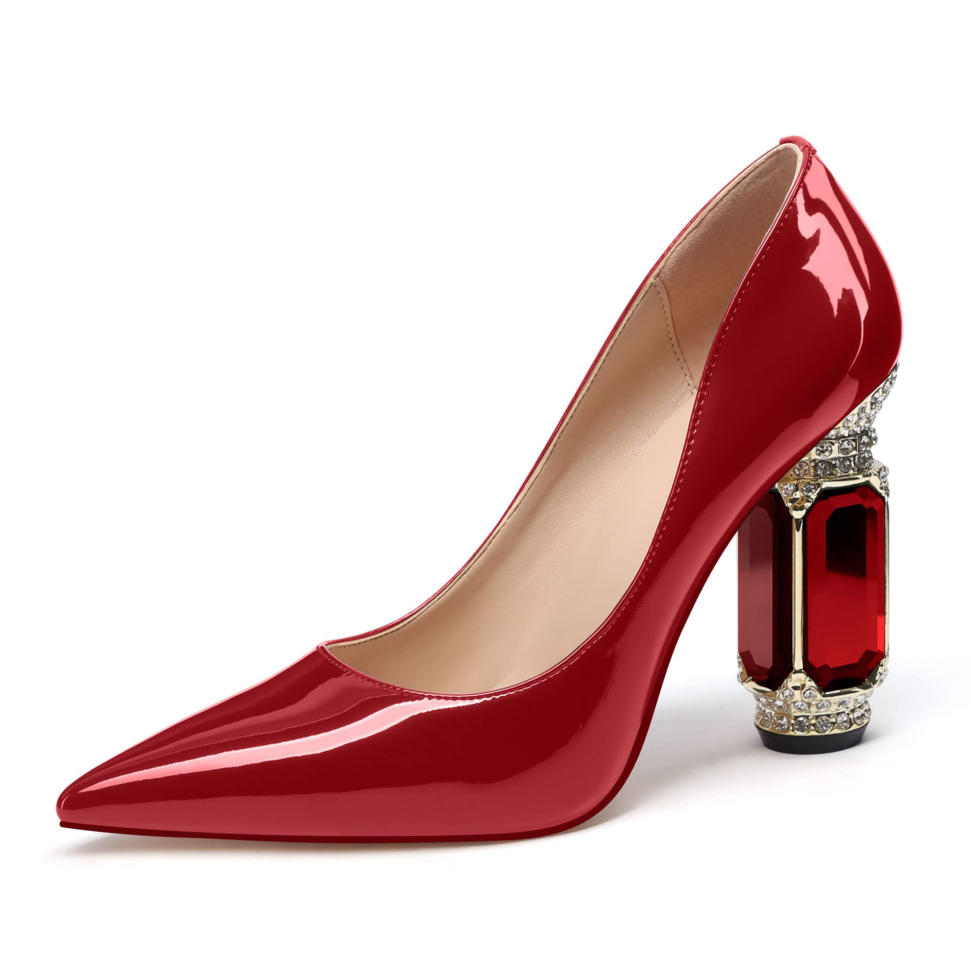 JANSEVEN Women Chunky Heels Pumps Crystal Block Heels with Rhinestones Pointed Toe Sexy Gradient Patent Leather Slip on Bridal Party Wedding Dress Shoes 5-13 M US