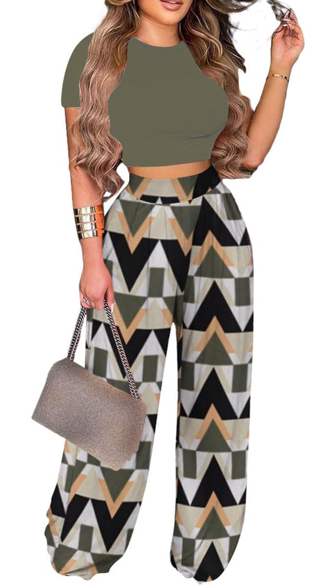 2 Piece Outfits for Women Short Sleeve Crop Top High Waist Wide Leg Long Pant Sets Tracksuit Sport Set