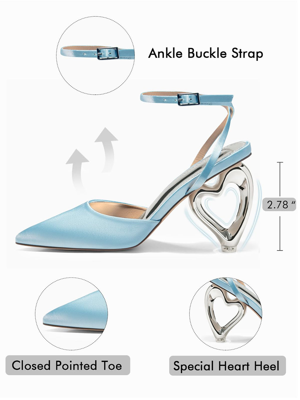 Coutgo Womens Kitten Heels Closed Pointed Toe Heart Heel Ankle Strap Satin Pumps Wedding Prom Dress Valentine Shoes