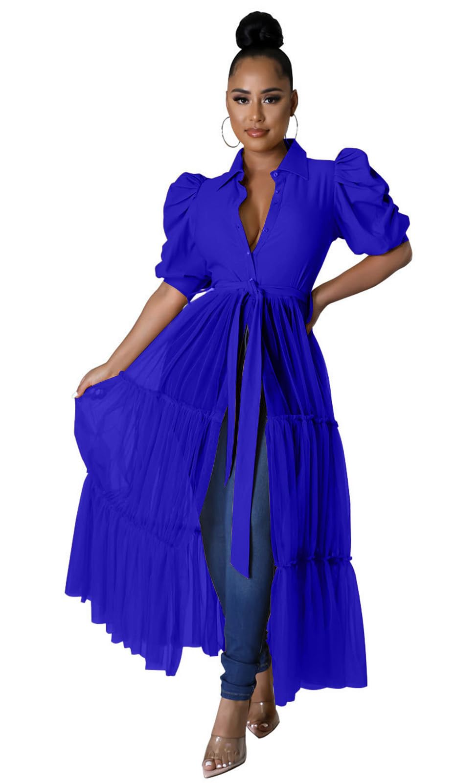 Ekaliy Women's Ruffle Blouse Shirt Asymmetrical Tunic Dress with Belt | Short sleeve,Bodycon,Ruffle,Club ,Party outfits,Asymmetrical Irregular Hem,Tops Blouse Shirt Dress