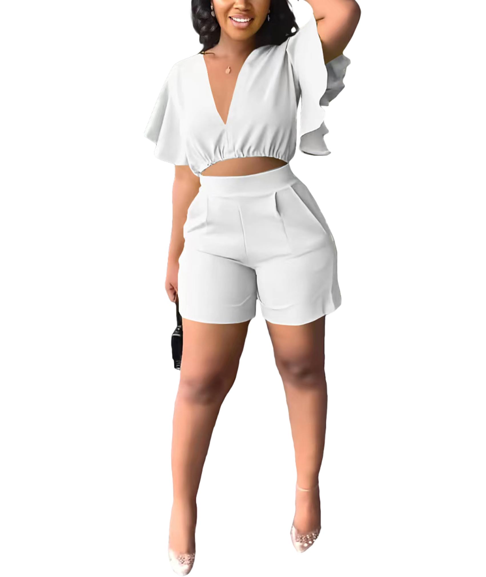 Womens Summer Two Piece Shorts Outfit Sexy Crop Top Butterfly Sleeve 2 pc Short Set Vacation Brunch Matching Set