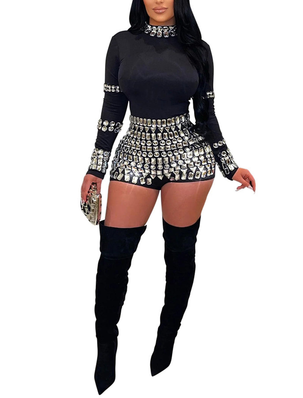chicyes Women's Jumpsuits Sexy Long Sleeve Date Night Rompers Rhinestone Sparkly Party Club Spring Outfits Fall Concert