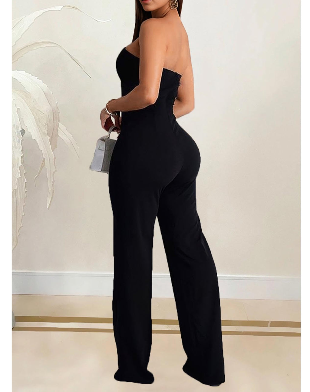 Yuopeid Women's Sexy Strapless Off Shoulder Bodycon Tube Top Overalls Jumpsuit Wide Leg Pants Formal Party Rompers