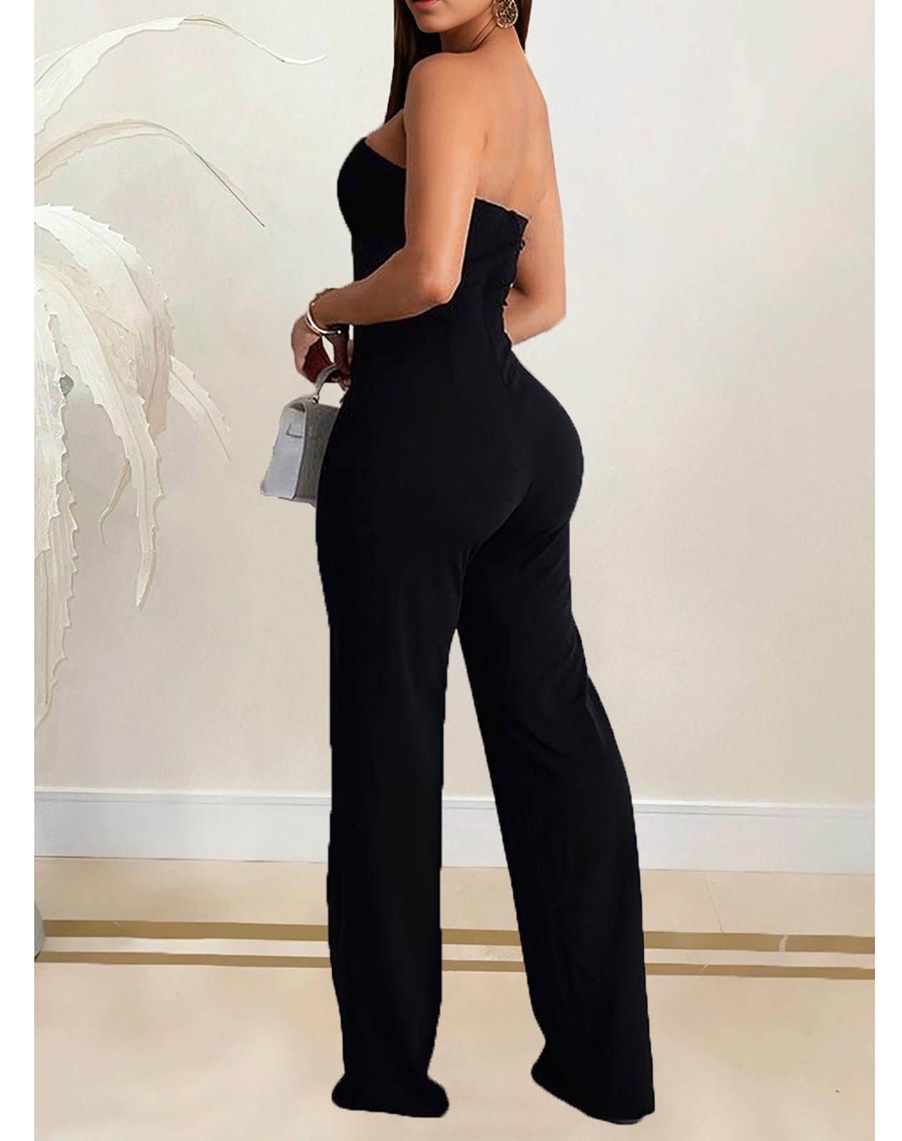 Yuopeid Women's Sexy Strapless Off Shoulder Bodycon Tube Top Overalls Jumpsuit Wide Leg Pants Formal Party Rompers