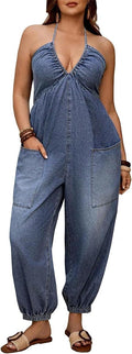 Women's Halter Tie Backless Sleeveless V Neck Baggy Jogger Denim Jumpsuit Casual One Piece Pant Outfit