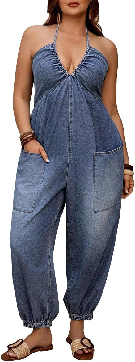 Women's Halter Tie Backless Sleeveless V Neck Baggy Jogger Denim Jumpsuit Casual One Piece Pant Outfit