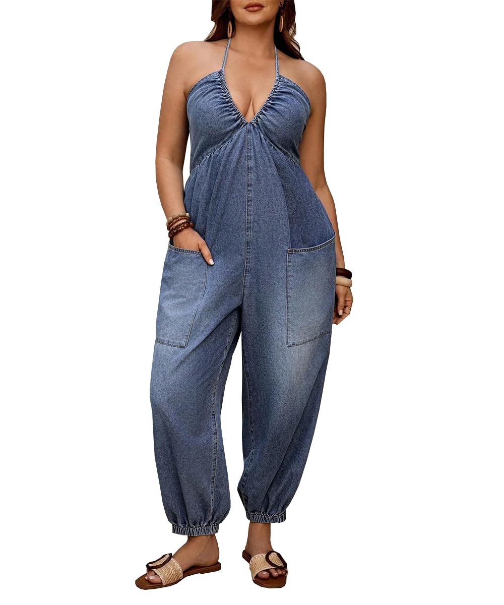 Women's Halter Tie Backless Sleeveless V Neck Baggy Jogger Denim Jumpsuit Casual One Piece Pant Outfit