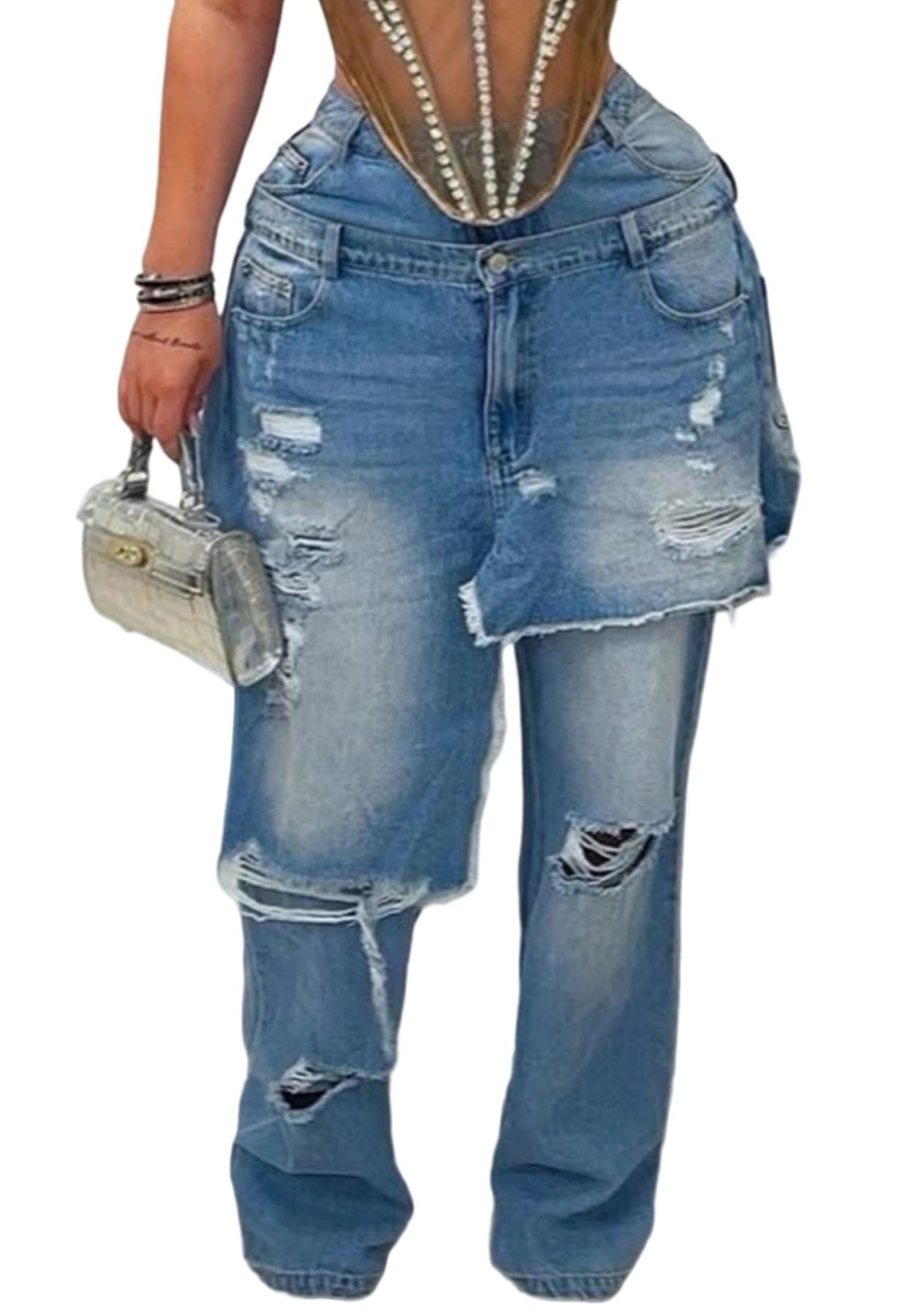 Womens Ripped Distressed Jeans Baggy Wide Leg Patchwork Denim Pants | Vintage Y2K Jeans Women, High Waisted Denim With Relaxed Fit, Trendy Casual Streetwear Fashion