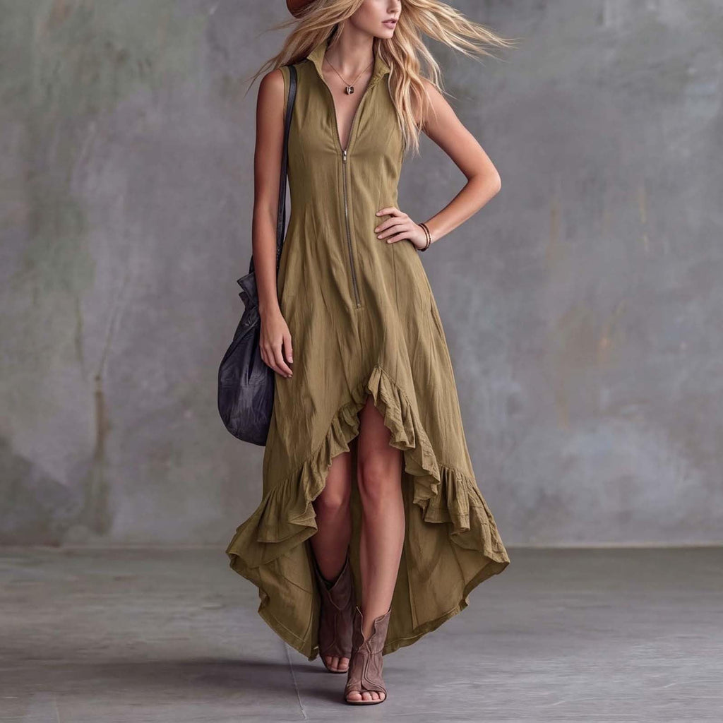 YMADREIG Boho Dresses for Women 2026 Cotton Linen Western Maxi Dress Summer Sleeveless High Low Ruffle Hem Dress with Pocket