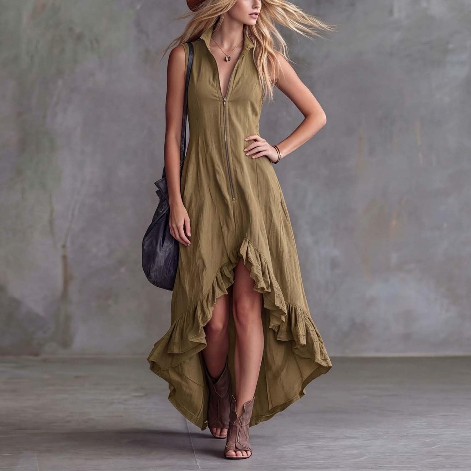 YMADREIG Boho Dresses for Women 2026 Cotton Linen Western Maxi Dress Summer Sleeveless High Low Ruffle Hem Dress with Pocket