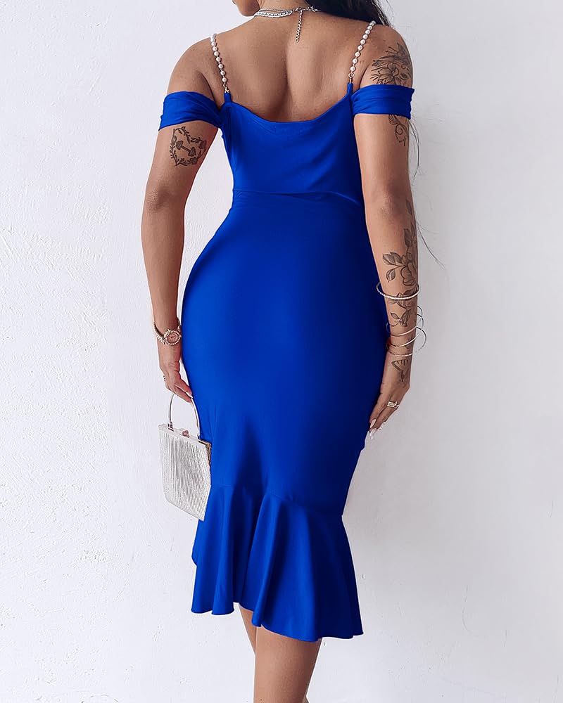 CHICME Womens Cocktail Dresses Pearls Strap Bodycon Midi Dress | Off Shoulder Design, Ruffle Hem Style, Soft Stretch Fabric, Birthday Party Wear, Wedding Guest Outfit, Date Night Look
