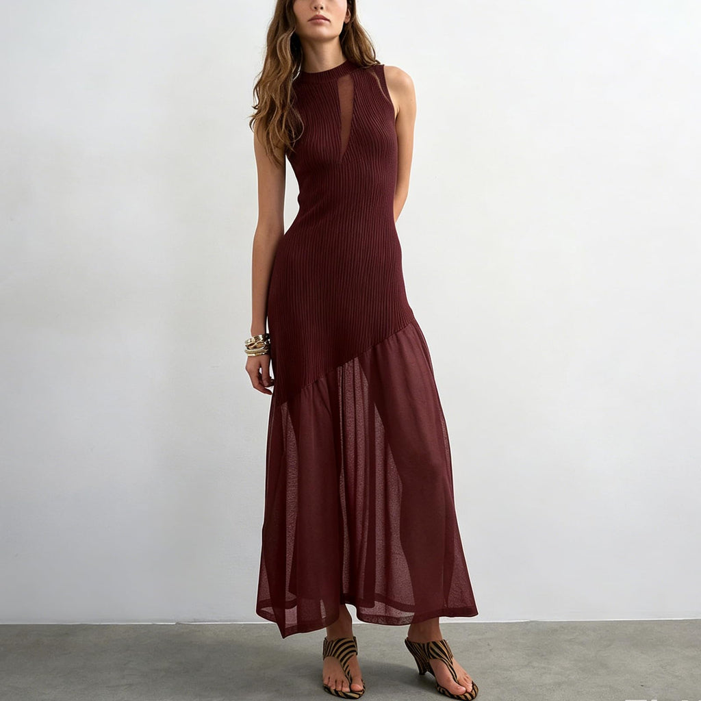 Women's Washed Faux Denim Patchwork Maxi Dress with Sheer Layered Skirt Hem Swing Ruffle Jean Dress for Casual Vacations
