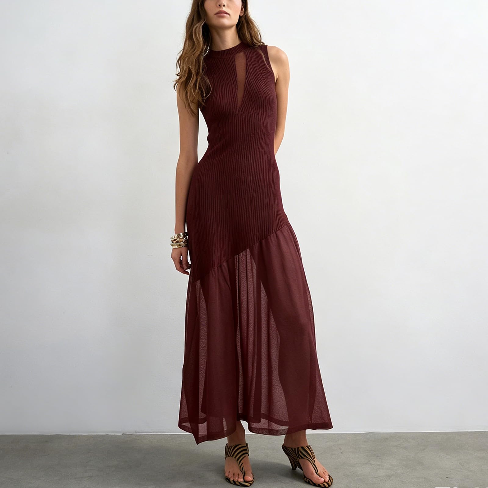 Women's Washed Faux Denim Patchwork Maxi Dress with Sheer Layered Skirt Hem Swing Ruffle Jean Dress for Casual Vacations
