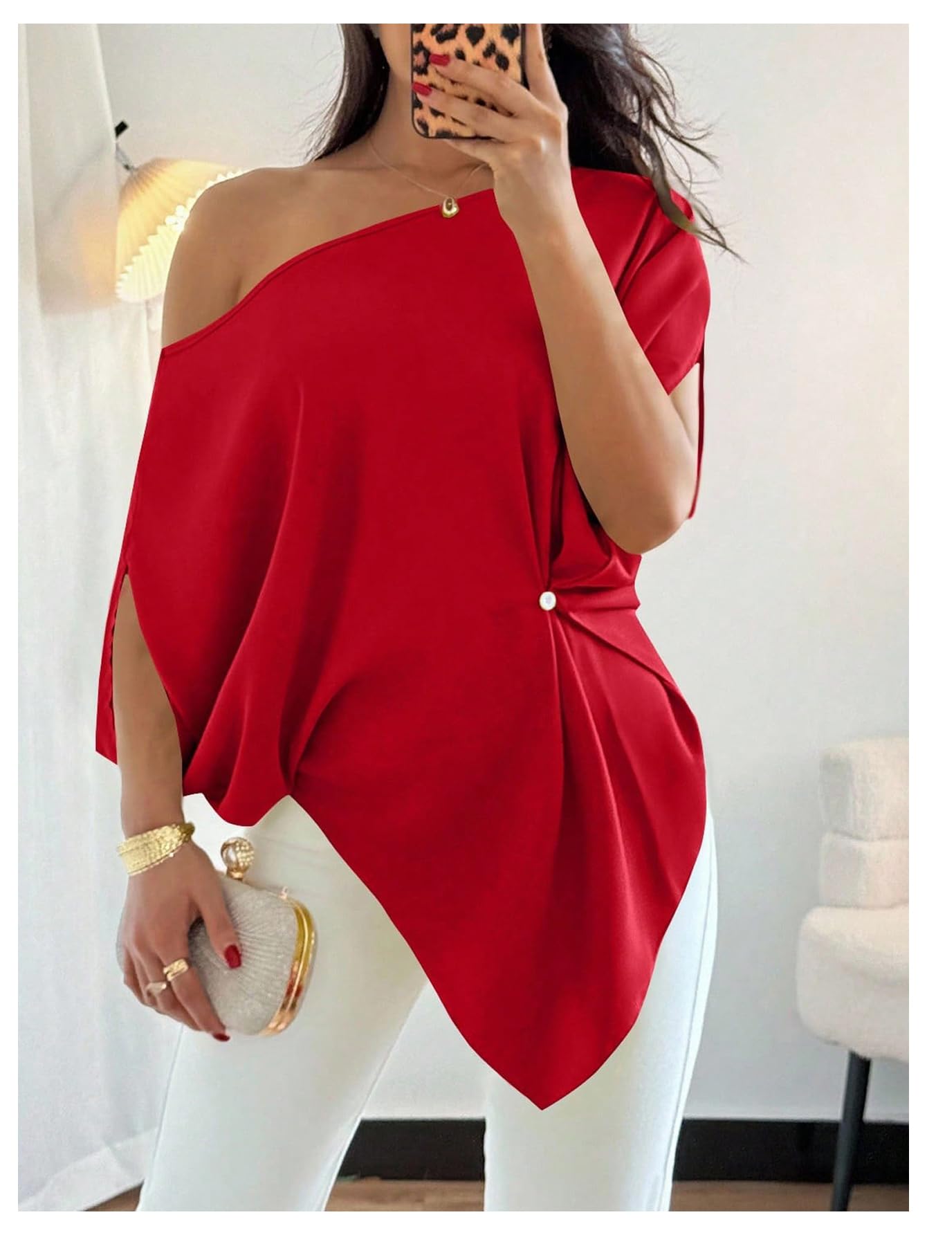 SHENHE Women's Off Shoulder Dolman Sleeve Blouses Asymmetrical Flowy Tops | Casual, Loose, Blouses With Waist Pleats, Asymmetrical, Elegant