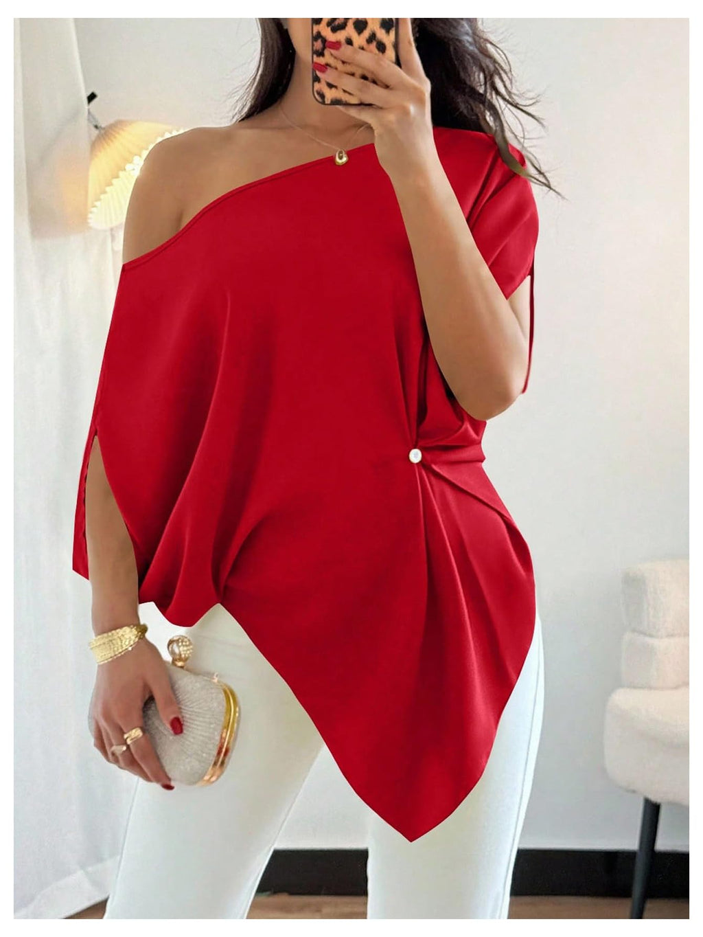 SHENHE Women's Off Shoulder Dolman Sleeve Blouses Asymmetrical Flowy Tops | Casual, Loose, Blouses With Waist Pleats, Asymmetrical, Elegant