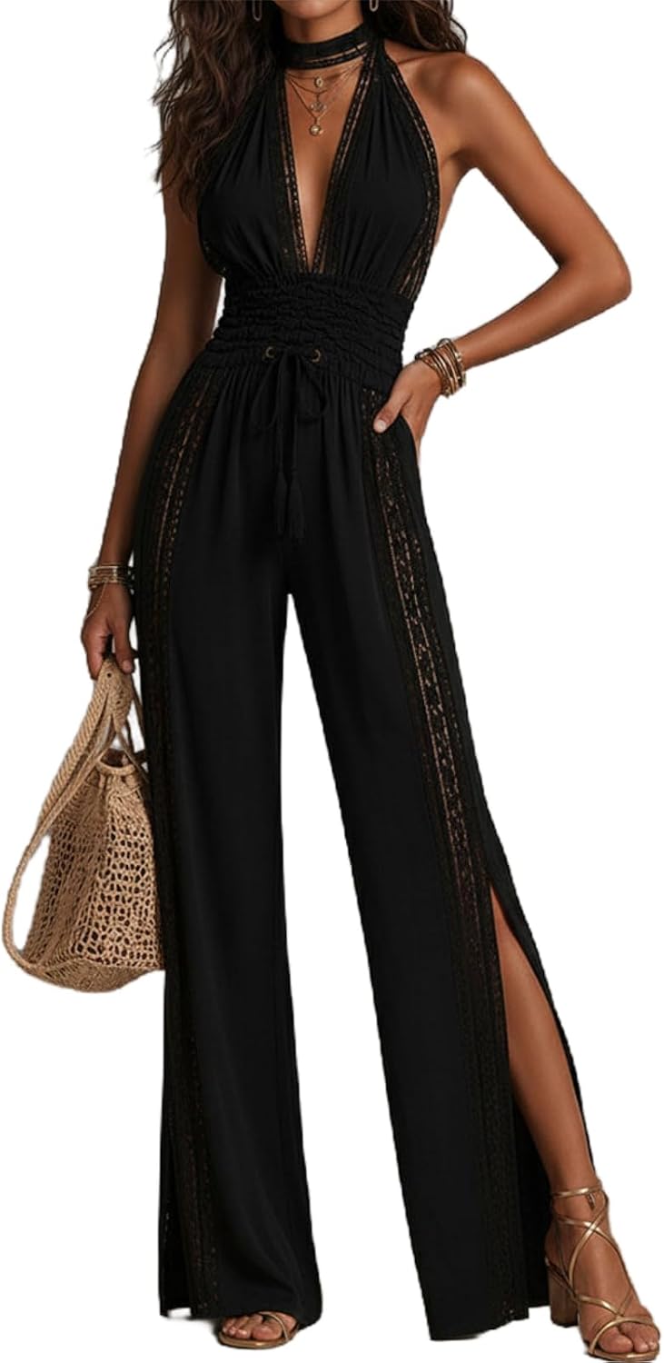 Jumpsuits for Women Dressy Halter Lace Top Wide Leg Pants Sexy Summer Vacation Club Party One Piece Outfit