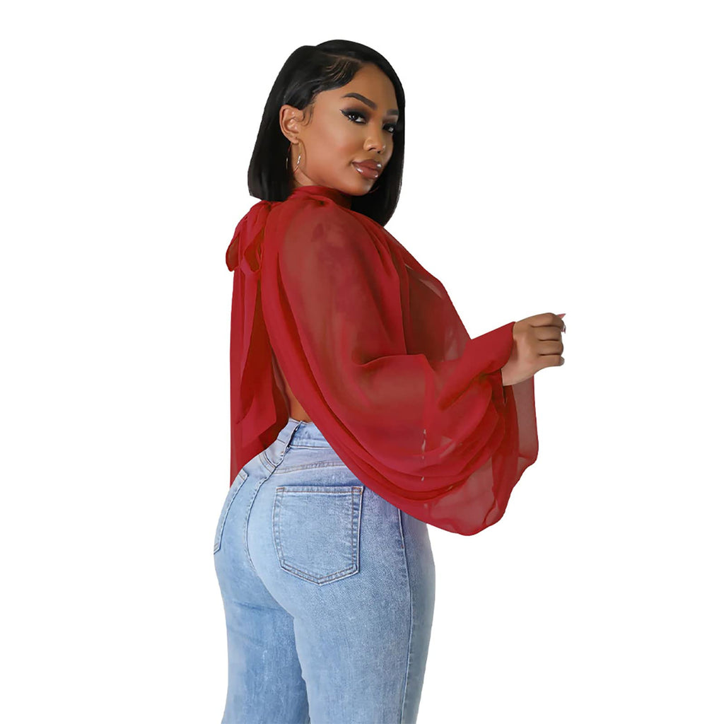 acelyn Women's Sexy See Through Chiffon Sheer Blouses Tops | Lantern Sleeve, Front Back Open, High Neck, Self Tie, Shawl Casual Shirts,Blouses Tops