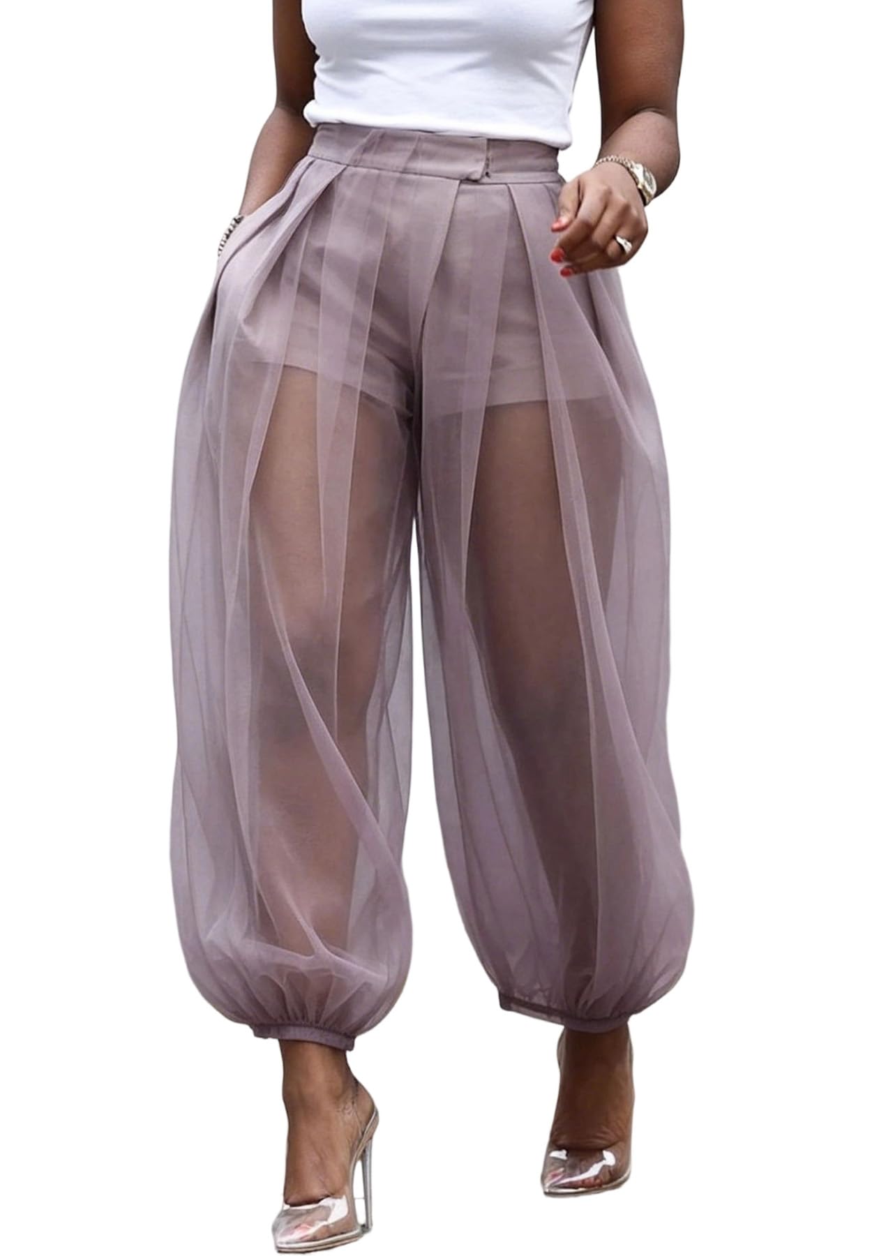 Molisry Women Sheer Mesh Pants Bubble Tulle Patchwork Pants Balloon Trouser | Loose Fit Cover Up Trousers,Built In Shorts Lining