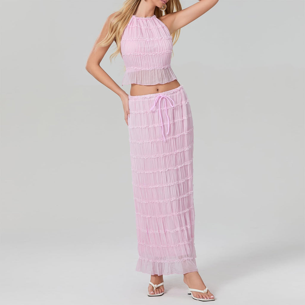 Women Y2K Skirt Set Outfits Strapless Crop Top Bodycon Midi Skirt Dress Sexy 2 Piece Knit Outfits Skirt Summer