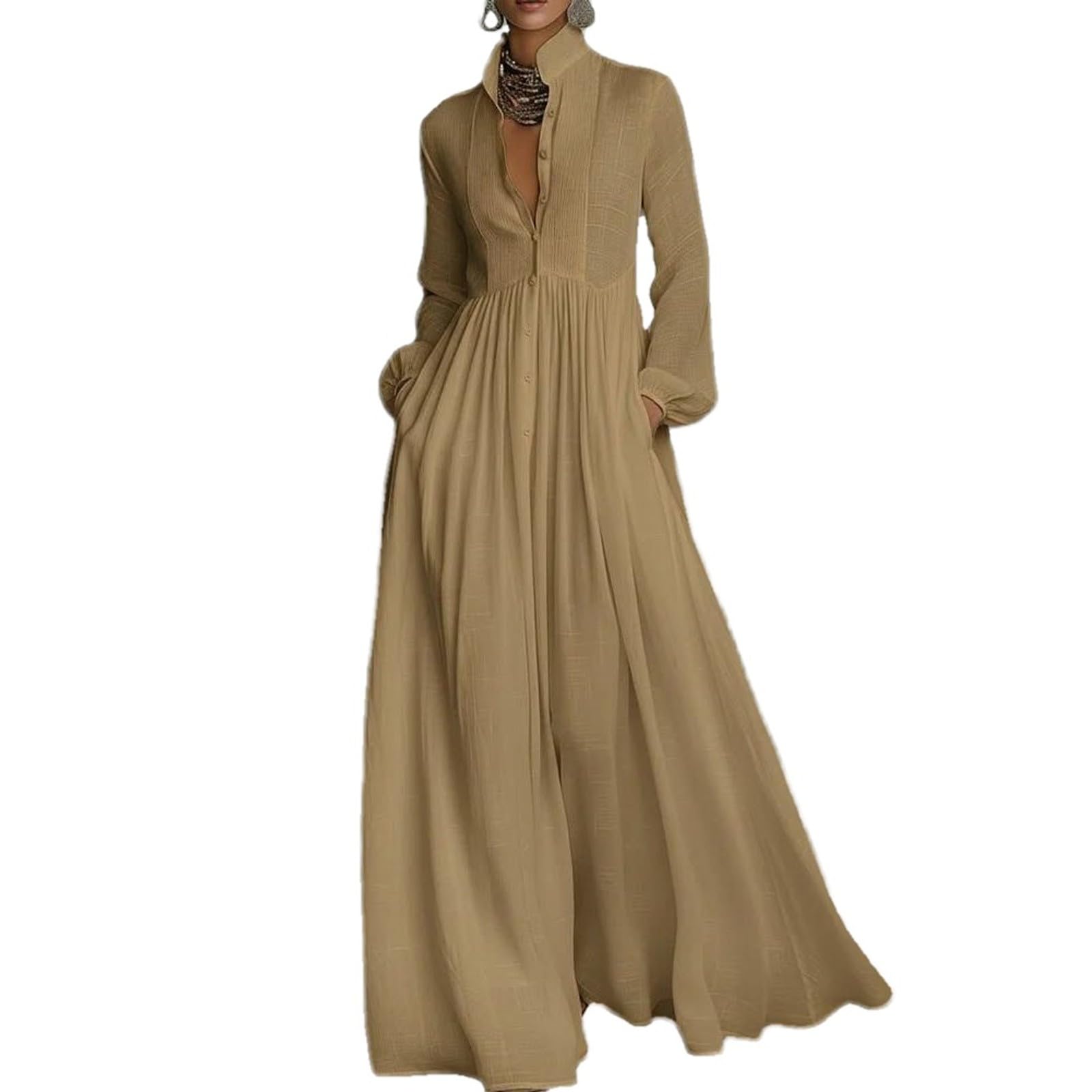 Women Maxi Dress Stand Collar Button Front Pocket Beach Vacation Casual | Flowy maxi dress stand collar, button front, functional pockets, long lantern sleeves, A-line skirt, beach vacation daily