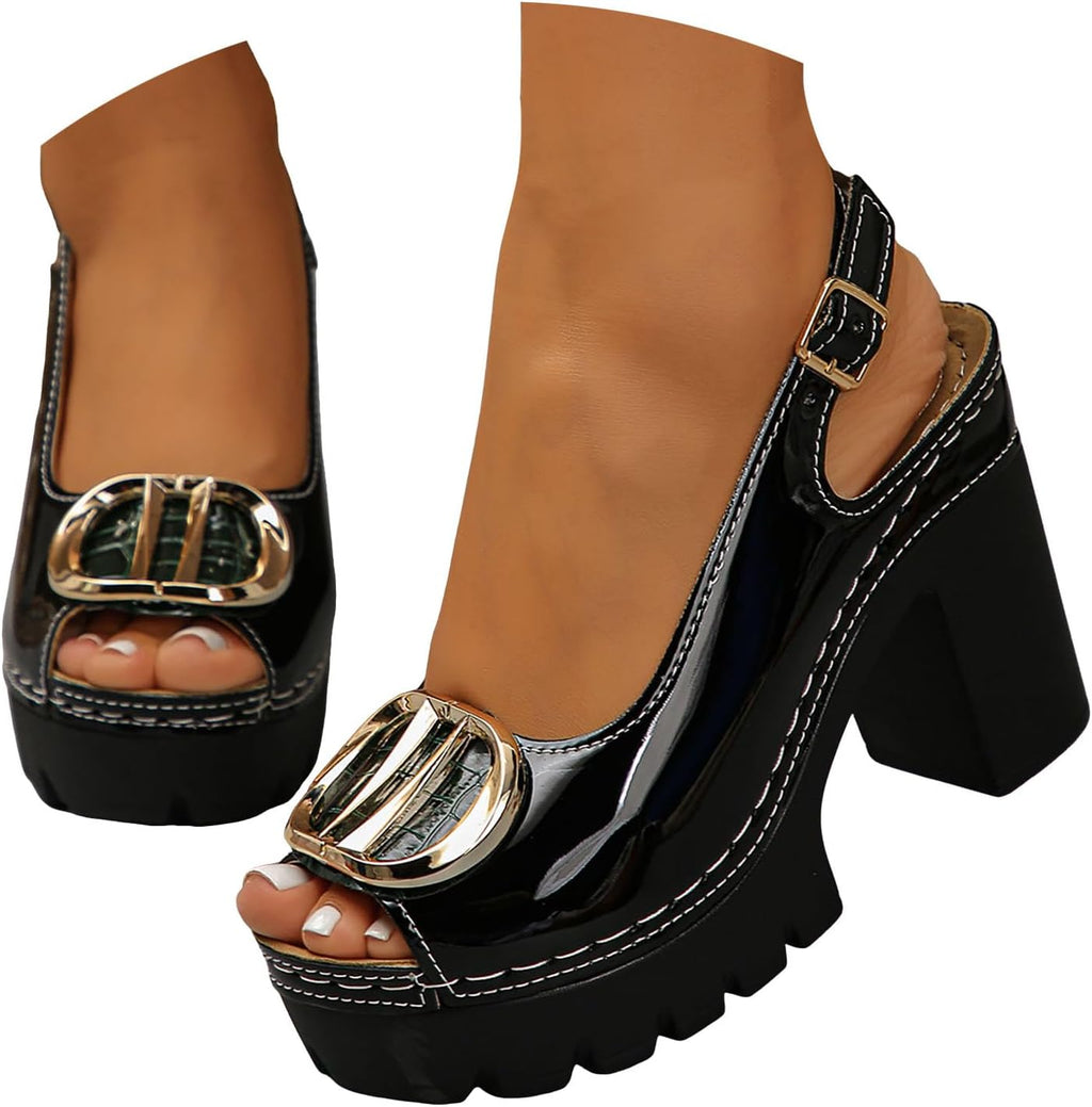 Women's Peep Toe Sandals Chunky Platform Heeled Pumps Slingback Heels Summer Dress Shoes Bridal Party Wedding Block High Heels Buckle Ankle Strap Sandals Dressy Comfortable Footwear