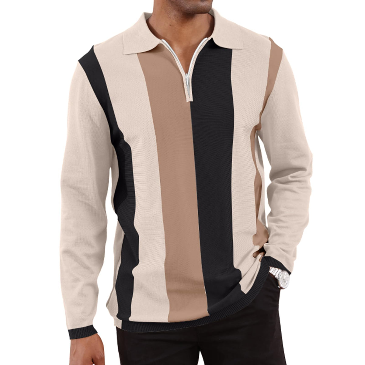 CTU Mens Casual Polo Shirts Vintage Striped Knit Golf Shirts Slim Fit Tops | Fashion,Pullover Dress Shirts,Collared with Zipper,Short Sleeve,Color Blocking,Suit for Daily Casual,Business,Work,Golf