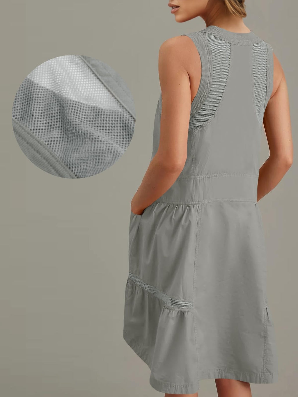 Fisoew Women's Sleeveless Tank Half Zip V Neck Mesh Back Mini Dresses | Casual, Loose Fit, Utility, Summer, With Pockets