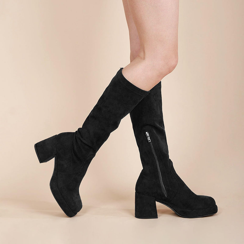LanreyTaley Elastic Women Knee High Boots Platform Chunky Heel Tall Boots Suede Dress Boots Side Zipper Stretch Boots Fall