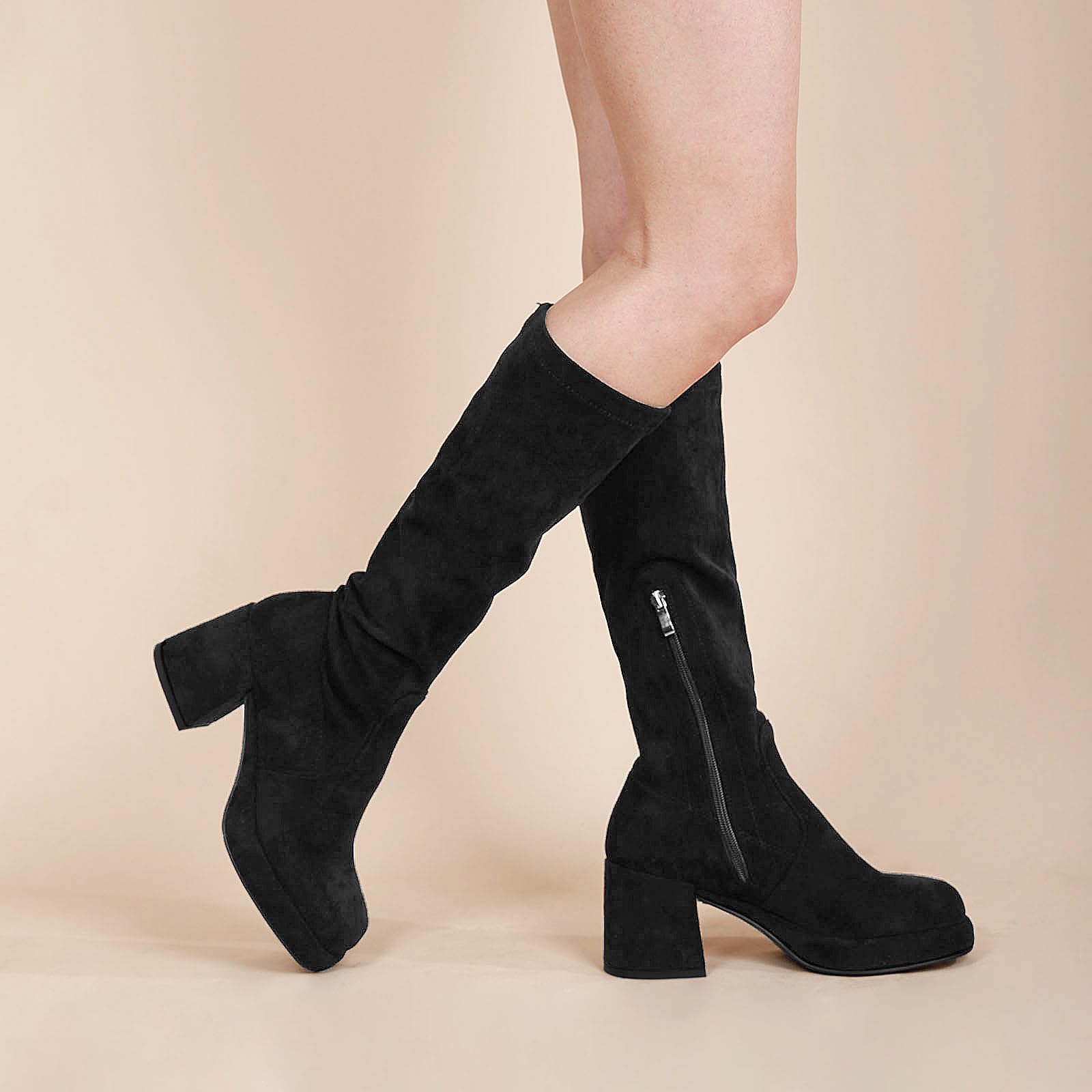 LanreyTaley Elastic Women Knee High Boots Platform Chunky Heel Tall Boots Suede Dress Boots Side Zipper Stretch Boots Fall
